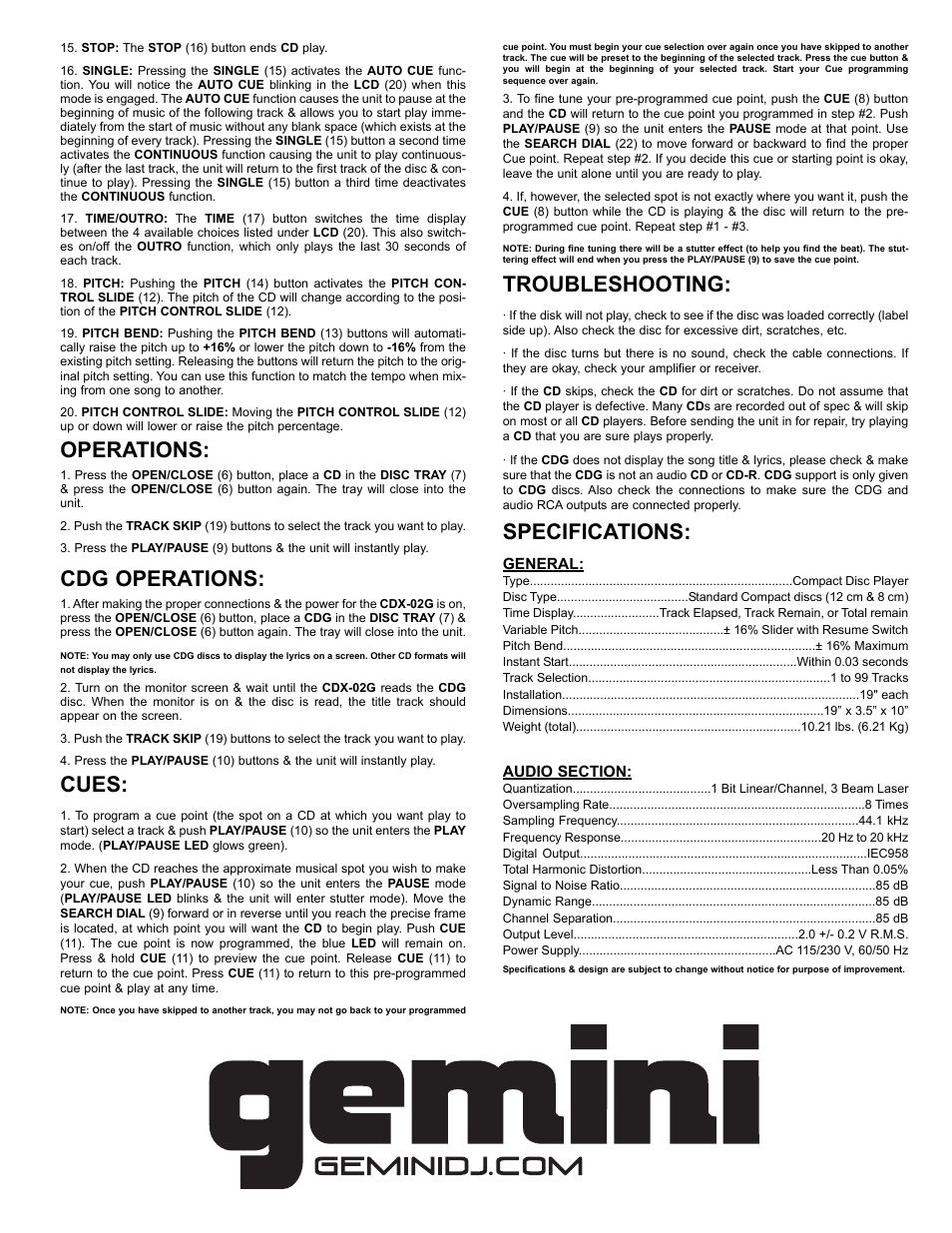 Operations, Cdg operations, Cues | Troubleshooting, Specifications | Gemini CDX-02G User Manual | Page 5 / 12