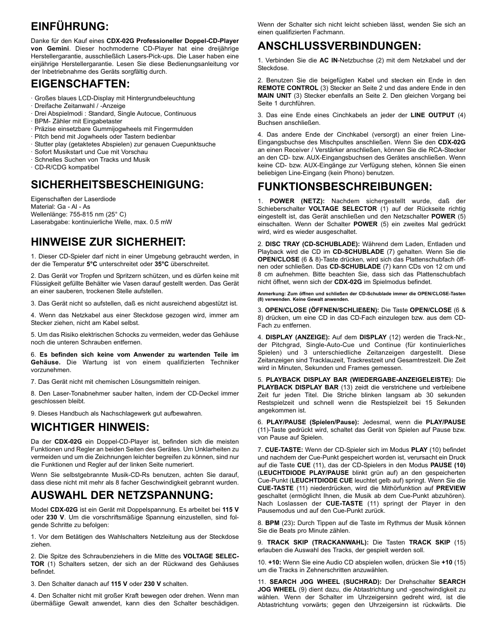 Einführung, Eigenschaften, Sicherheitsbescheinigung | Hinweise zur sicherheit, Wichtiger hinweis, Auswahl der netzspannung, Anschlussverbindungen, Funktionsbeschreibungen | Gemini CDX-02G User Manual | Page 6 / 12