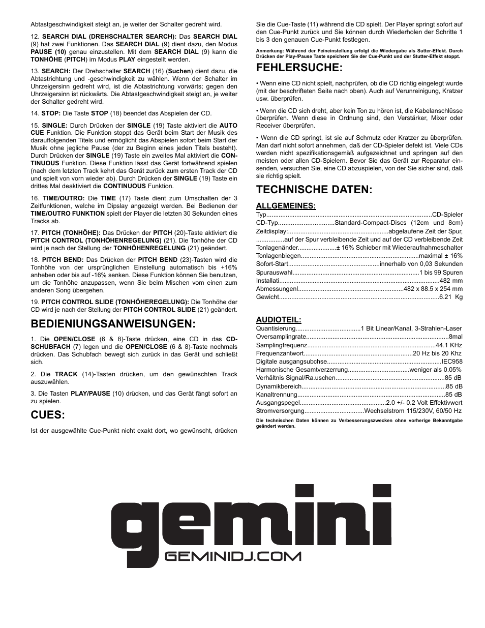 Bedieniungsanweisungen, Cues, Fehlersuche | Technische daten | Gemini CDX-02G User Manual | Page 7 / 12