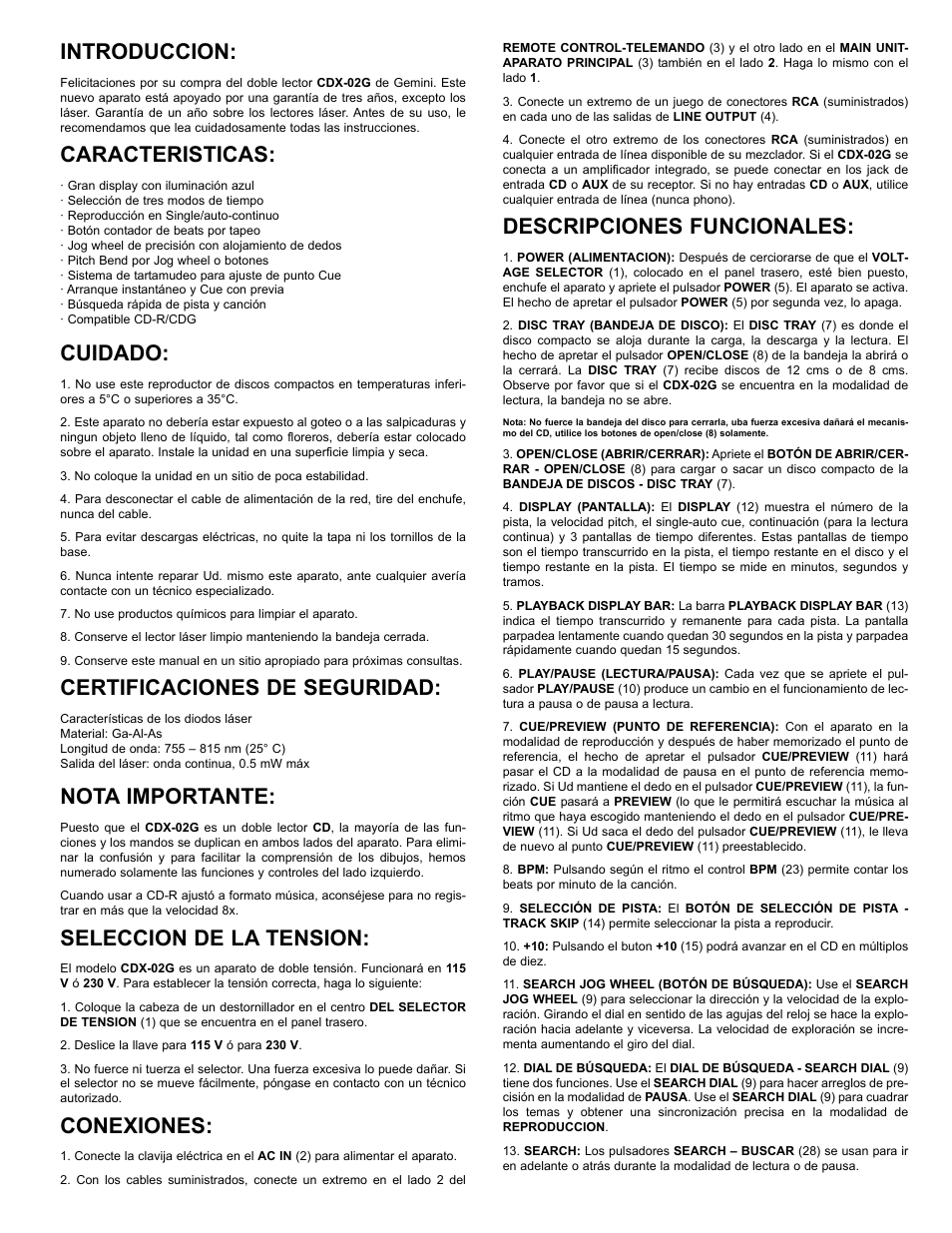 Introduccion, Caracteristicas, Cuidado | Certificaciones de seguridad, Nota importante, Seleccion de la tension, Conexiones, Descripciones funcionales | Gemini CDX-02G User Manual | Page 8 / 12