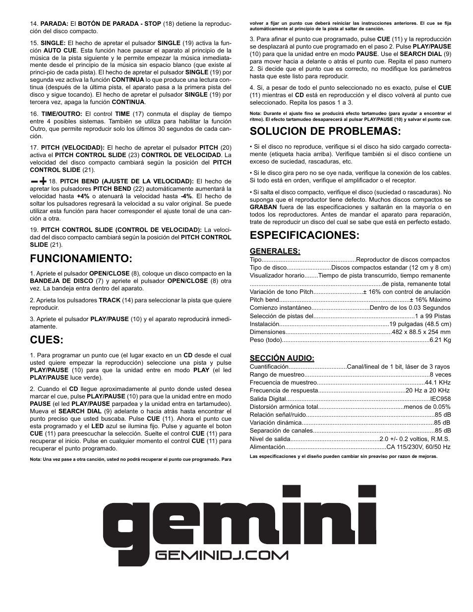 Solucion de problemas, Especificaciones, Funcionamiento | Cues | Gemini CDX-02G User Manual | Page 9 / 12