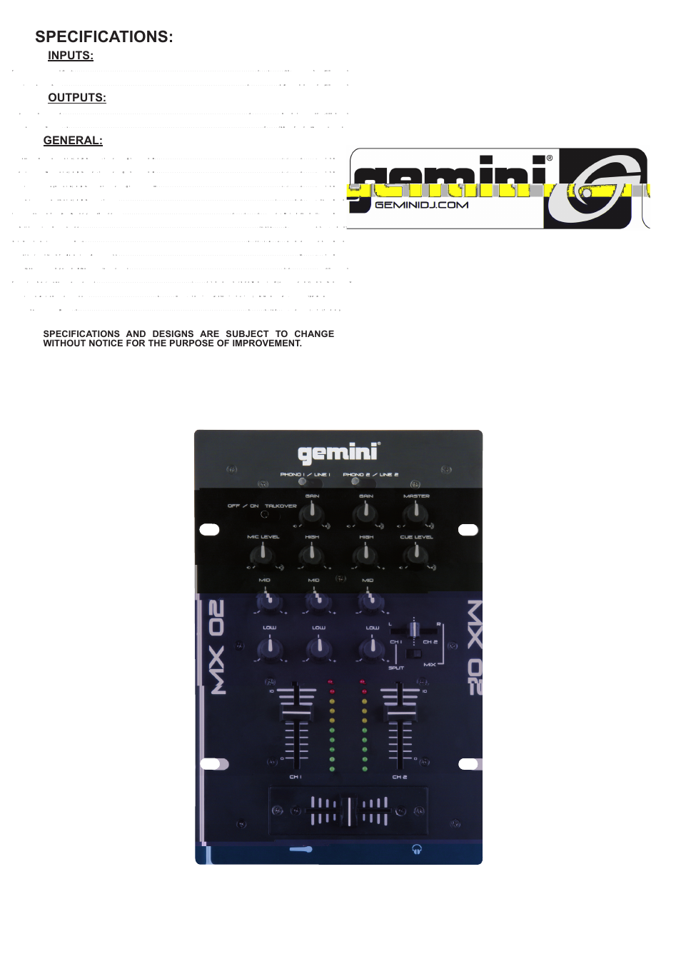 Specifications | Gemini MX-02 User Manual | Page 5 / 12