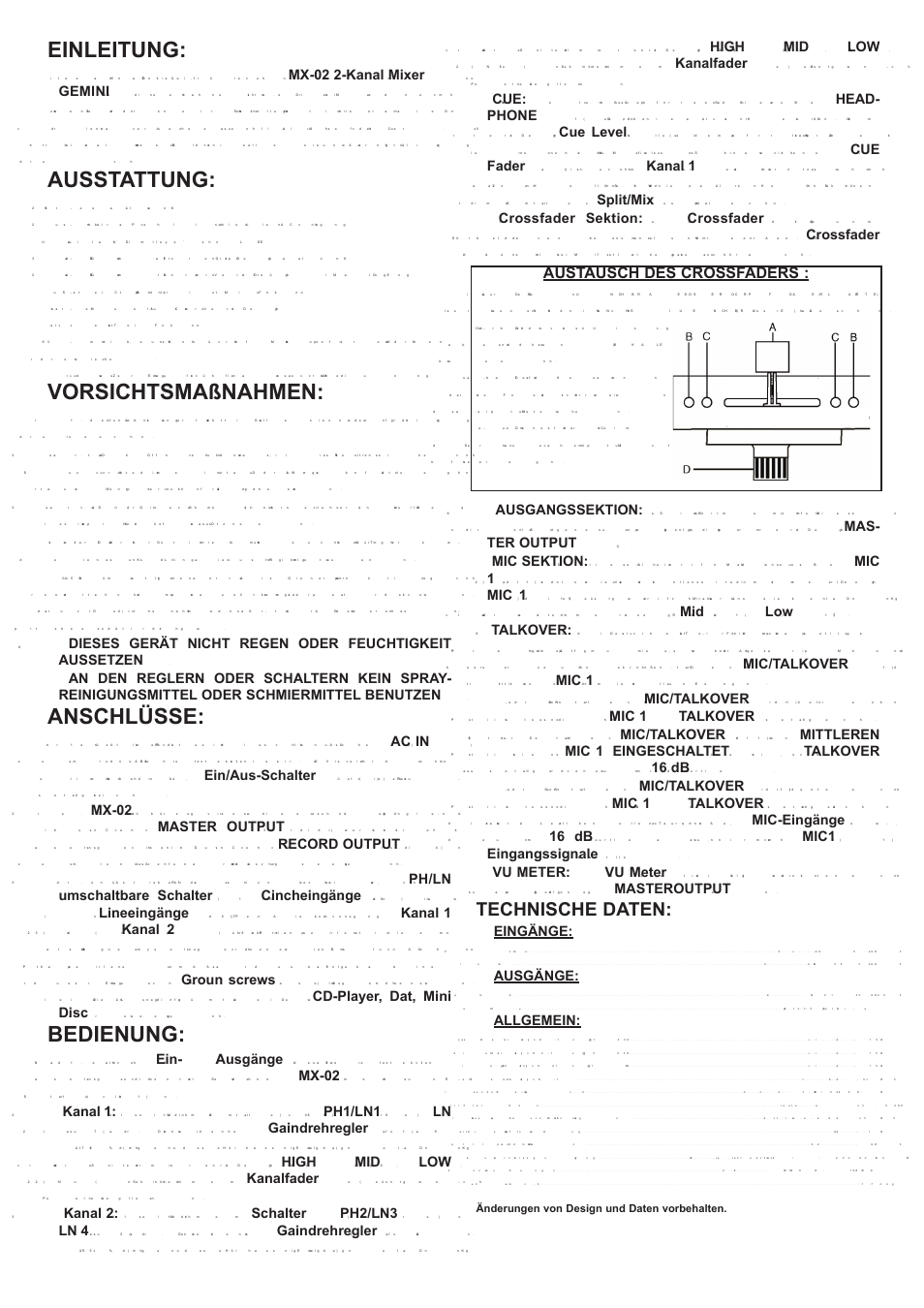 Einleitung, Ausstattung, Vorsichtsmaßnahmen | Anschlüsse, Bedienung, Technische daten | Gemini MX-02 User Manual | Page 6 / 12