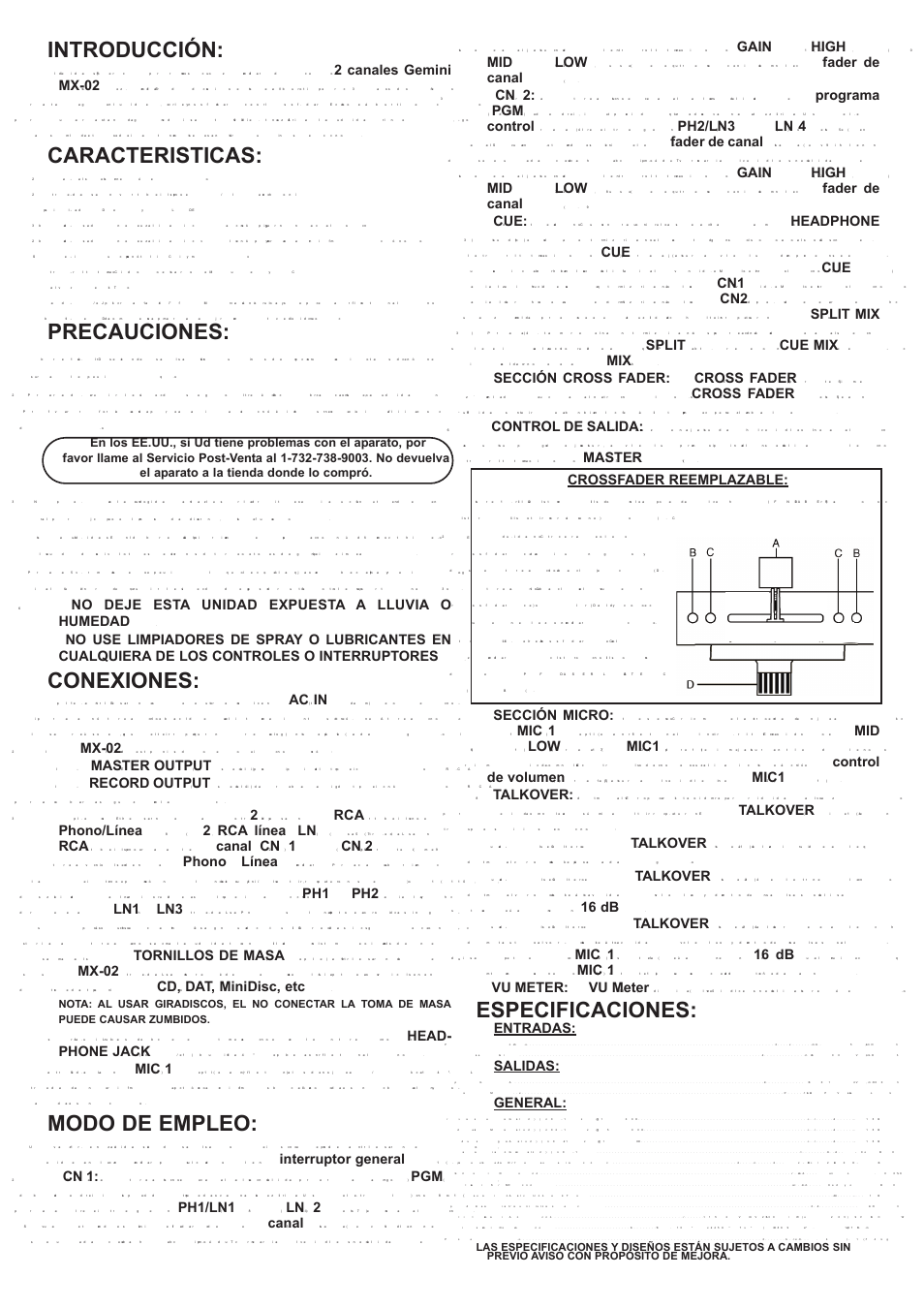 Introducción, Caracteristicas, Precauciones | Conexiones, Modo de empleo, Especificaciones | Gemini MX-02 User Manual | Page 7 / 12