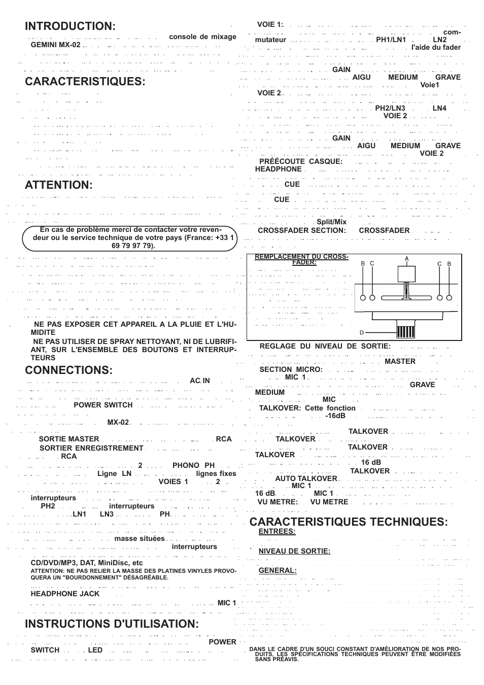 Introduction, Caracteristiques, Attention | Connections, Instructions d'utilisation, Caracteristiques techniques | Gemini MX-02 User Manual | Page 8 / 12