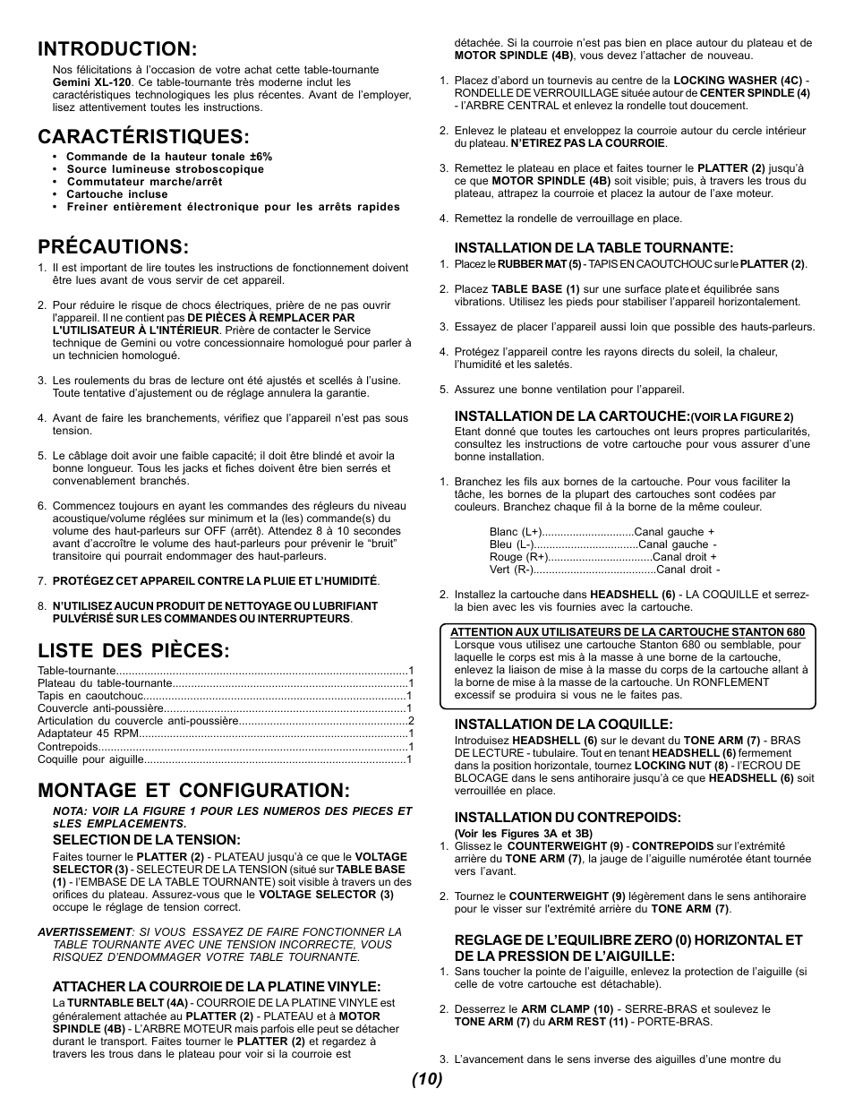 Introduction, Caractéristiques, Précautions | Liste des pièces, Montage et configuration | Gemini XL-120 User Manual | Page 10 / 12