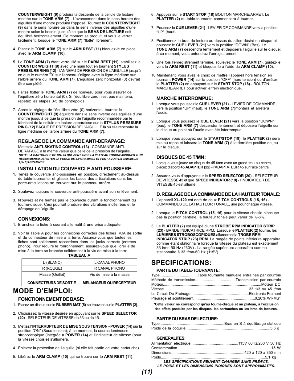 Mode d’emploi, Specifications | Gemini XL-120 User Manual | Page 11 / 12