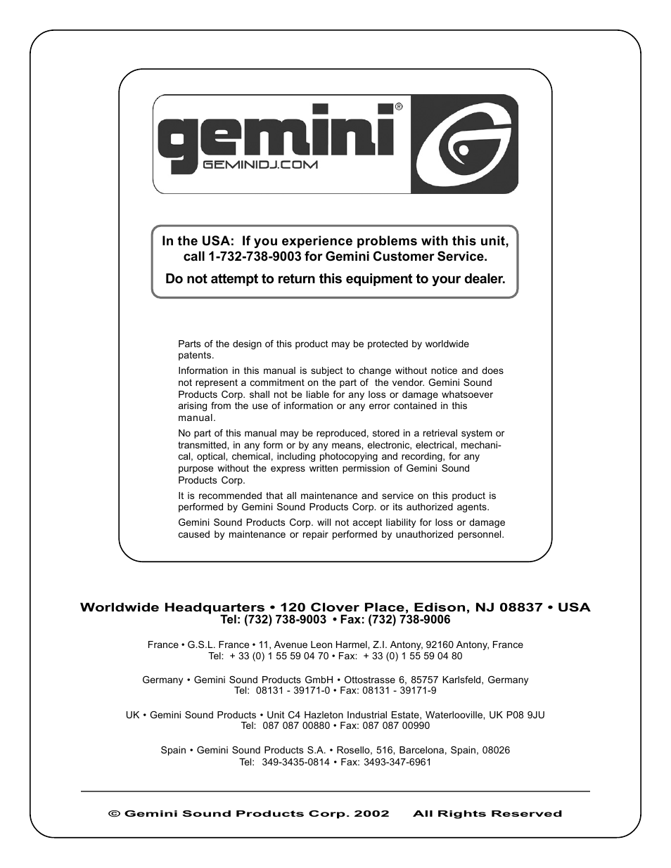 Gemini XL-120 User Manual | Page 12 / 12