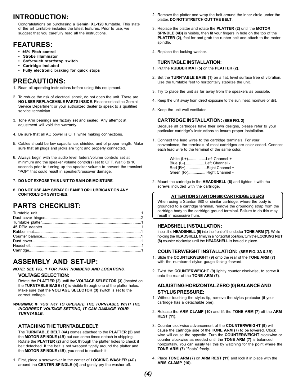 Introduction, Features, Precautions | Parts checklist, Assembly and set-up | Gemini XL-120 User Manual | Page 4 / 12