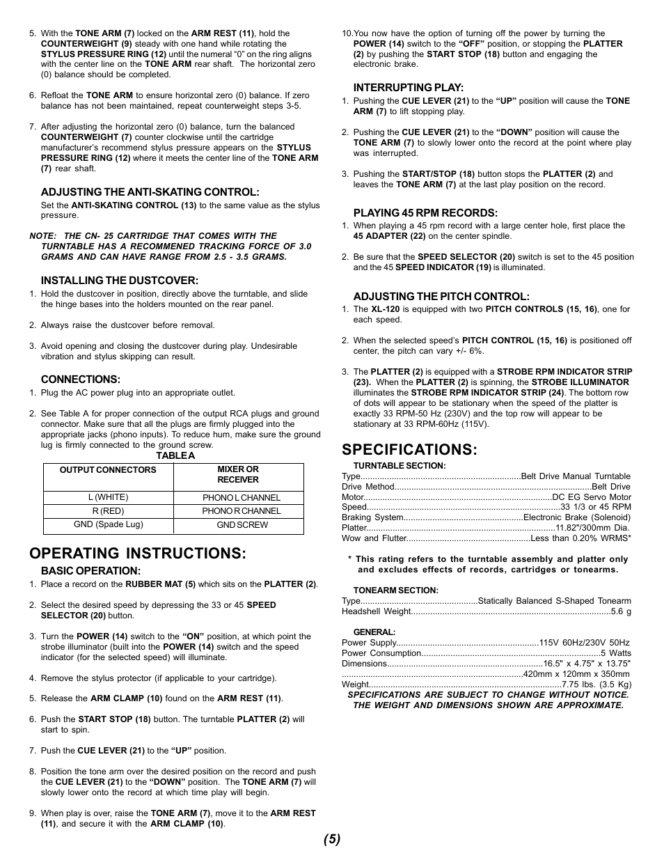 Operating instructions, Specifications | Gemini XL-120 User Manual | Page 5 / 12