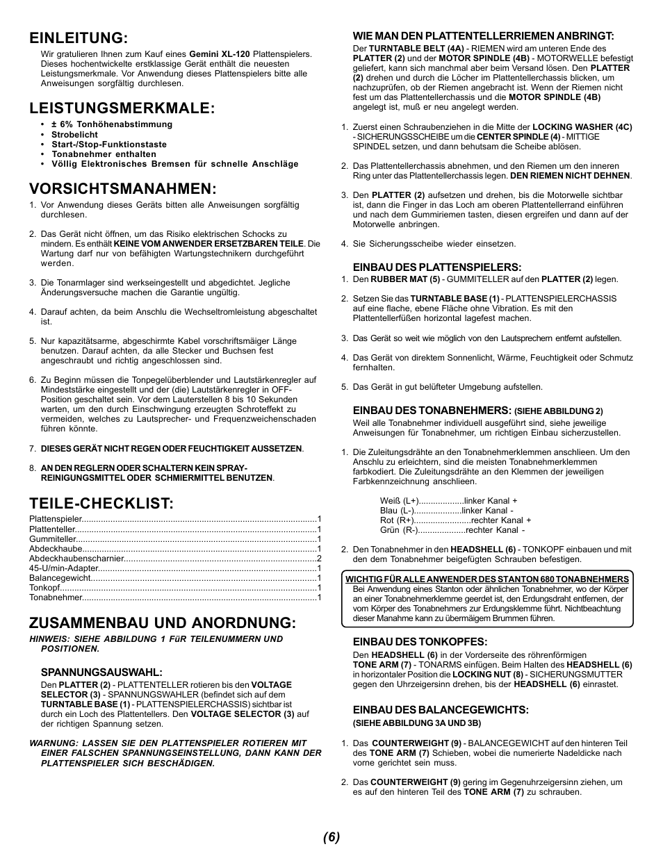 Einleitung, Leistungsmerkmale, Vorsichtsmanahmen | Teile-checklist, Zusammenbau und anordnung | Gemini XL-120 User Manual | Page 6 / 12