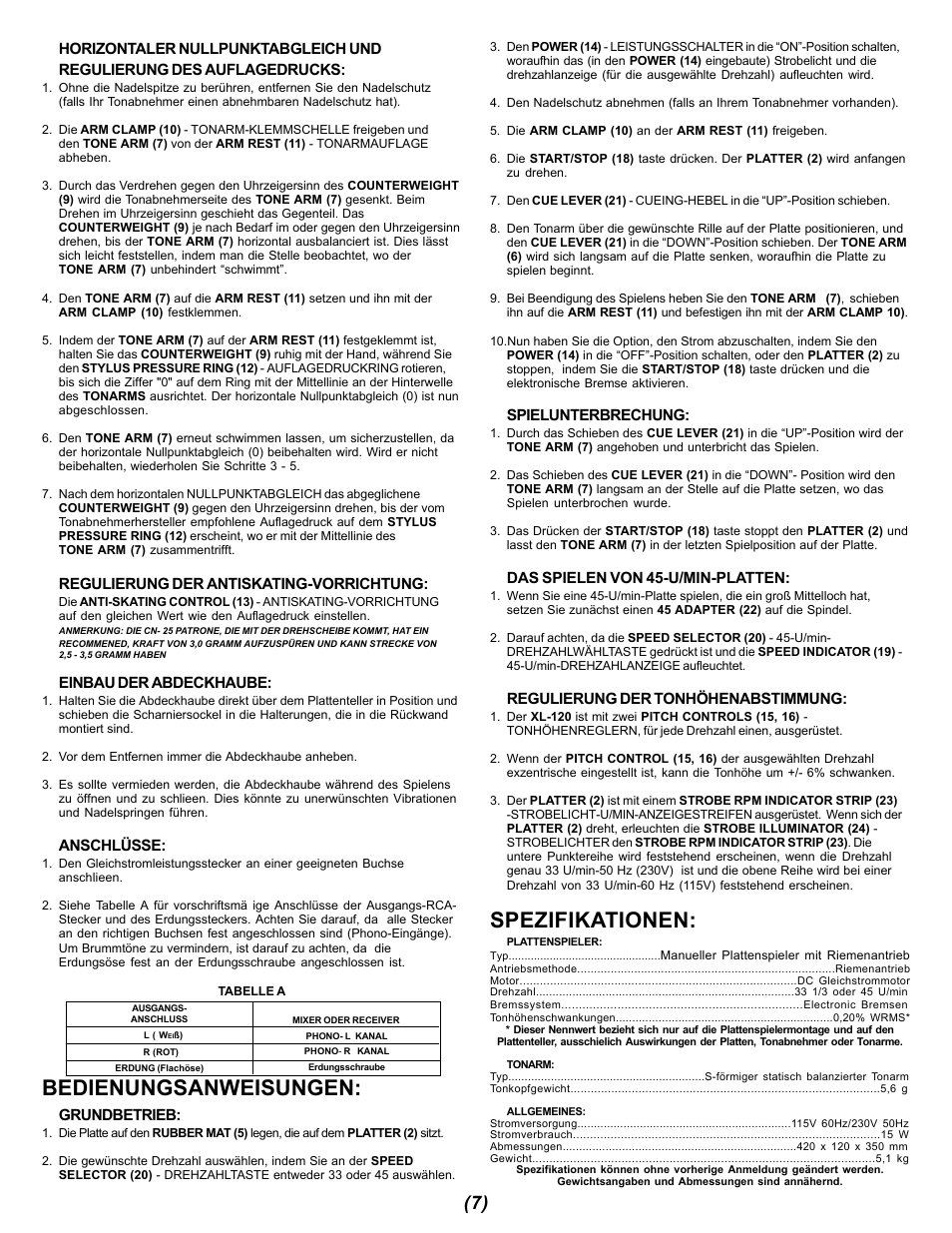 Bedienungsanweisungen, Spezifikationen | Gemini XL-120 User Manual | Page 7 / 12