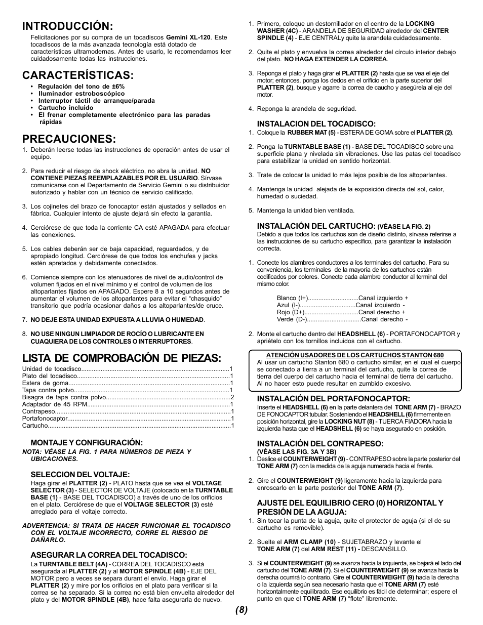 Introducción, Características, Precauciones | Lista de comprobación de piezas | Gemini XL-120 User Manual | Page 8 / 12