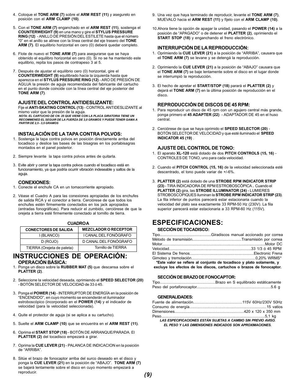 Instrucciones de operación, Especificaciones | Gemini XL-120 User Manual | Page 9 / 12