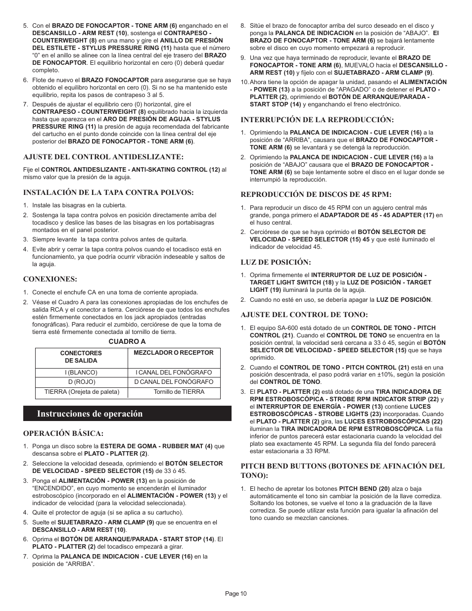 Instrucciones de operación | Gemini SA-600 User Manual | Page 10 / 18