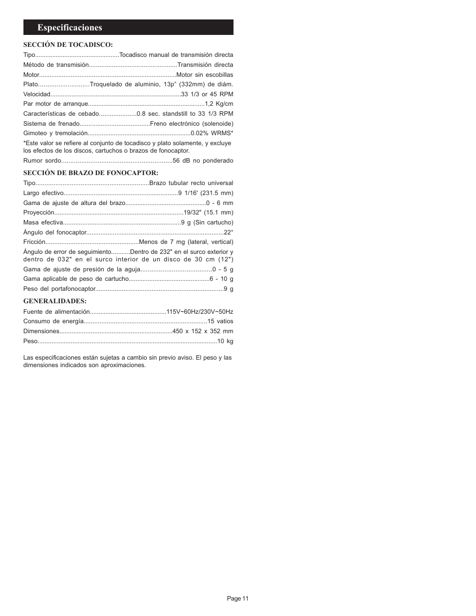 Especificaciones | Gemini SA-600 User Manual | Page 11 / 18