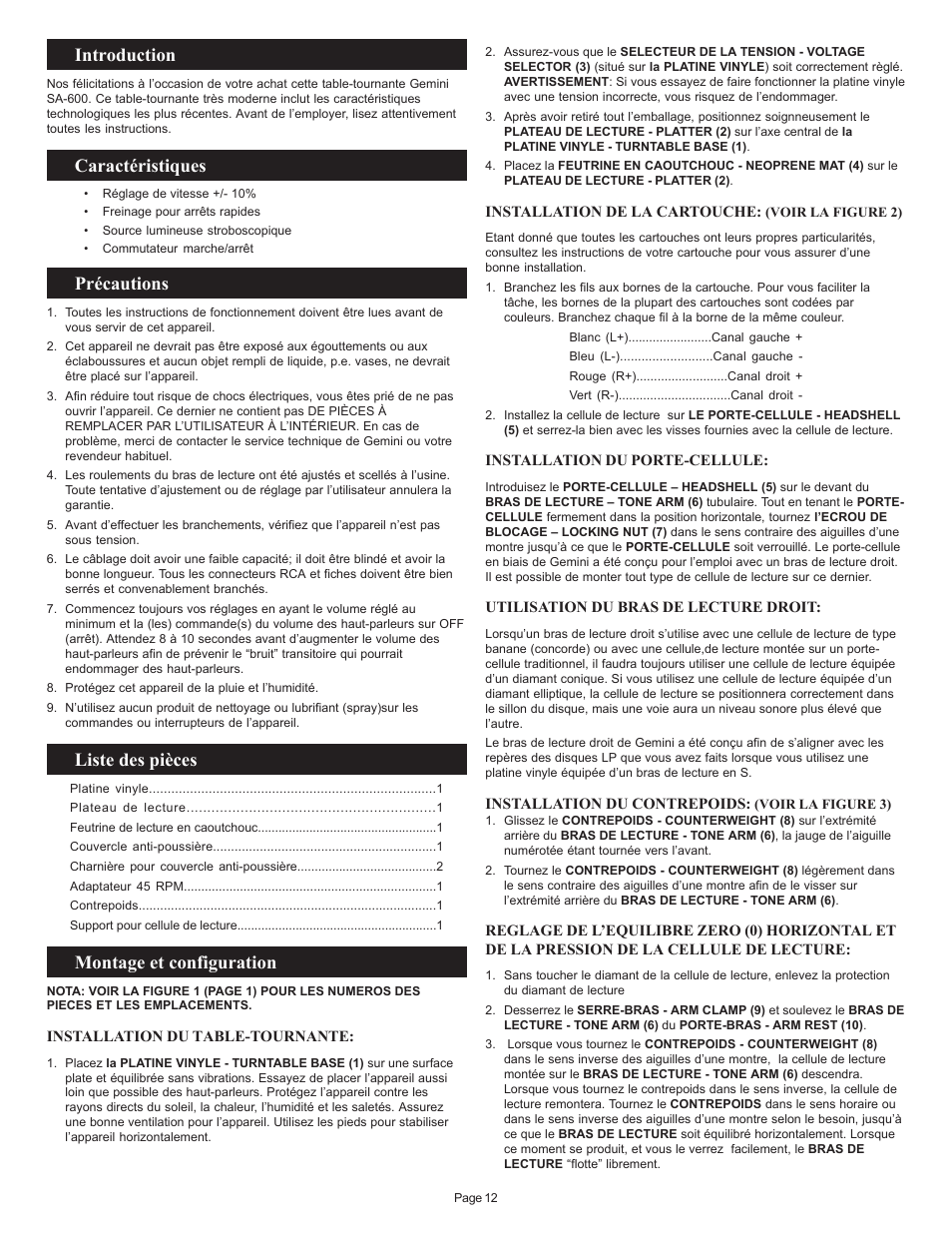 Introduction, Caractéristiques, Précautions | Liste des pièces, Montage et configuration | Gemini SA-600 User Manual | Page 12 / 18