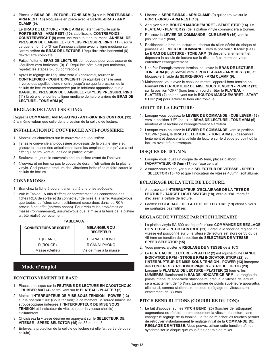 Mode d’emploi | Gemini SA-600 User Manual | Page 13 / 18