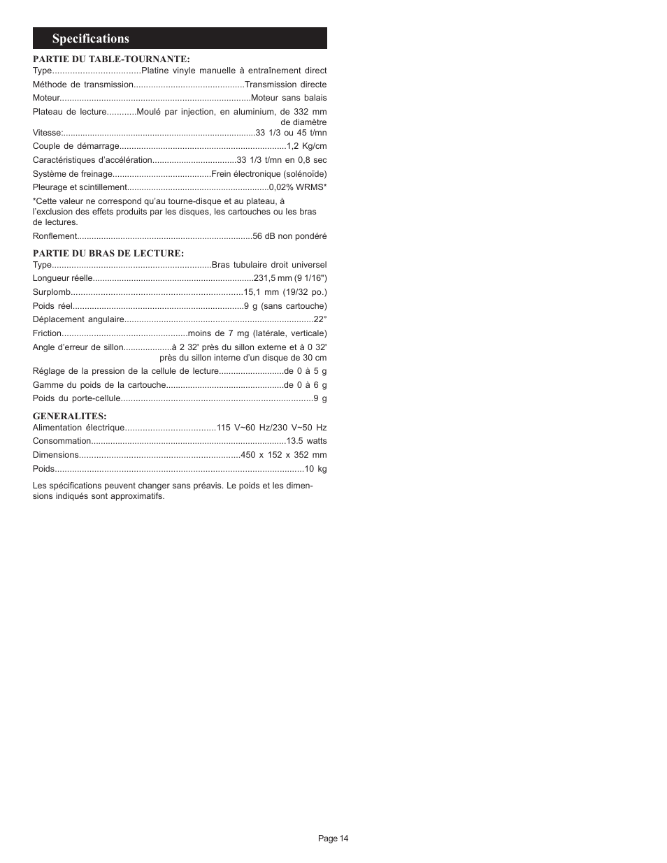 Specifications | Gemini SA-600 User Manual | Page 14 / 18