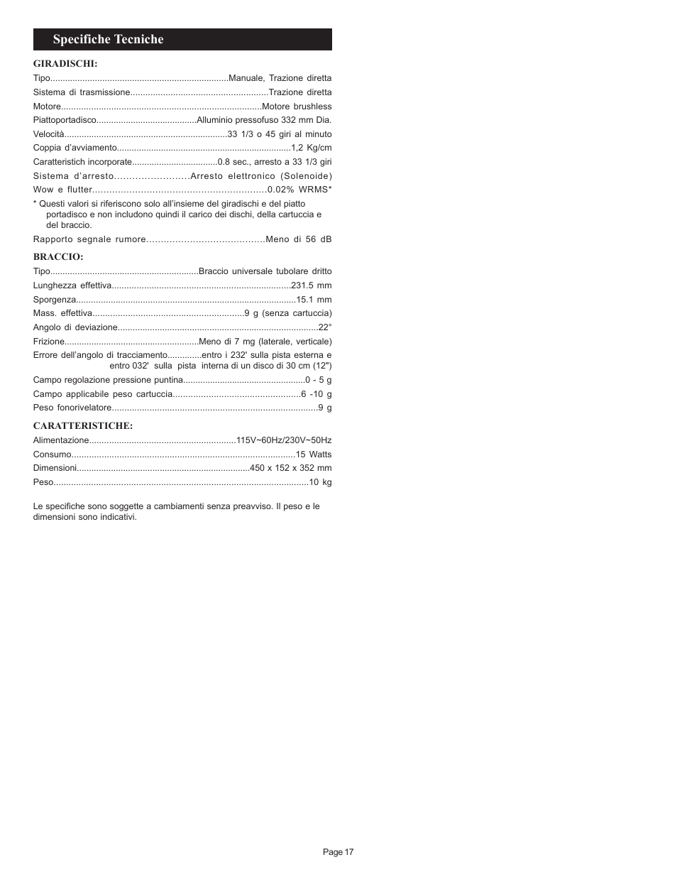 Specifiche tecniche | Gemini SA-600 User Manual | Page 17 / 18