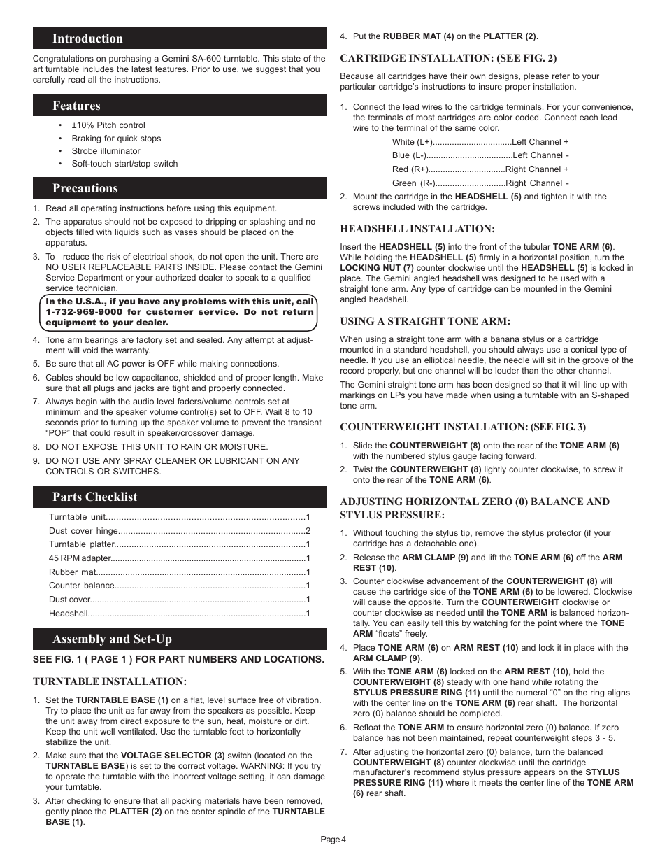 Introduction, Features, Precautions | Parts checklist, Assembly and set-up | Gemini SA-600 User Manual | Page 4 / 18