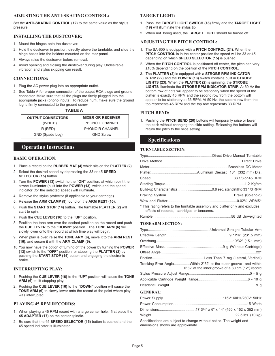 Operating instructions, Specifications | Gemini SA-600 User Manual | Page 5 / 18