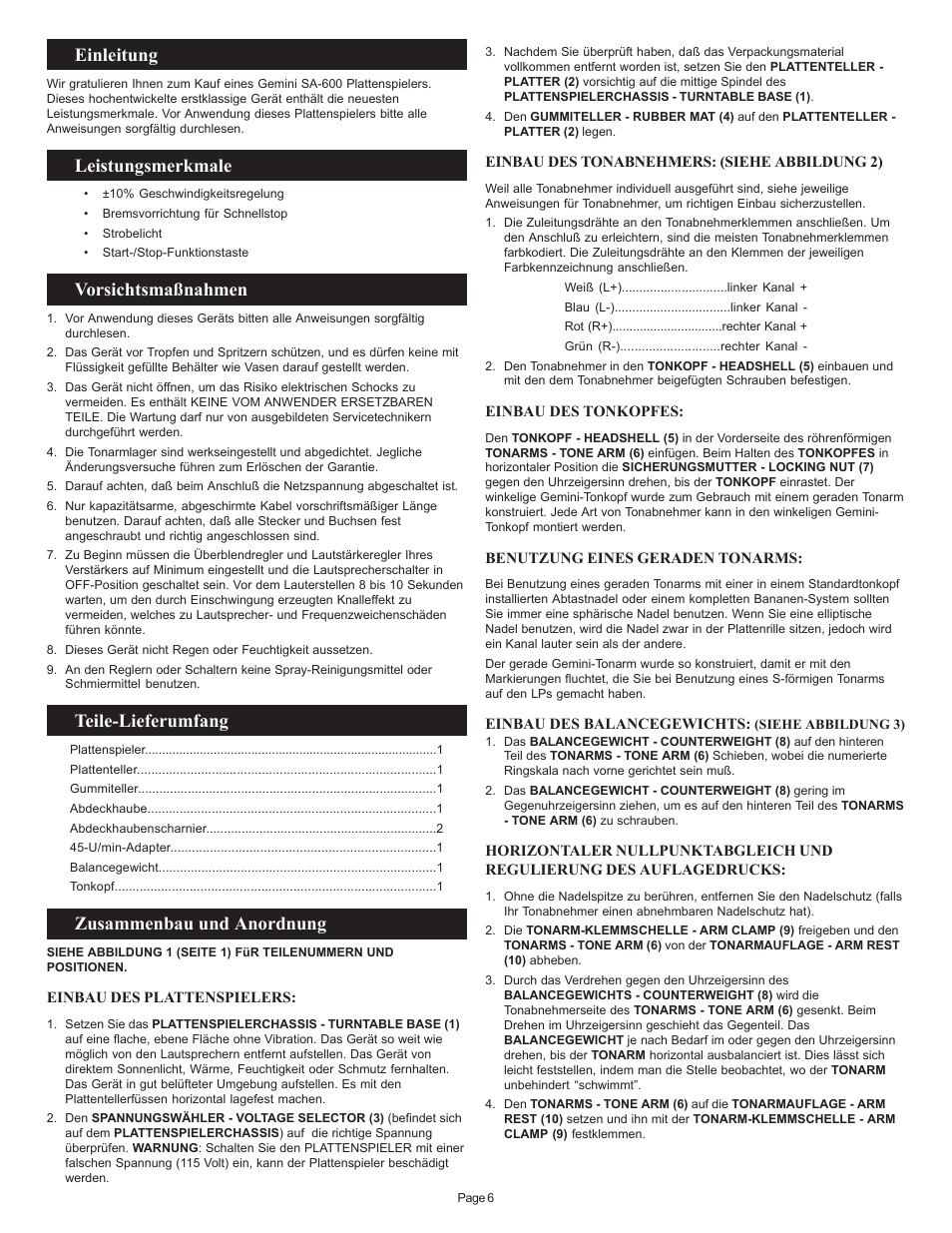 Einleitung, Leistungsmerkmale, Vorsichtsmaßnahmen | Teile-lieferumfang, Zusammenbau und anordnung | Gemini SA-600 User Manual | Page 6 / 18