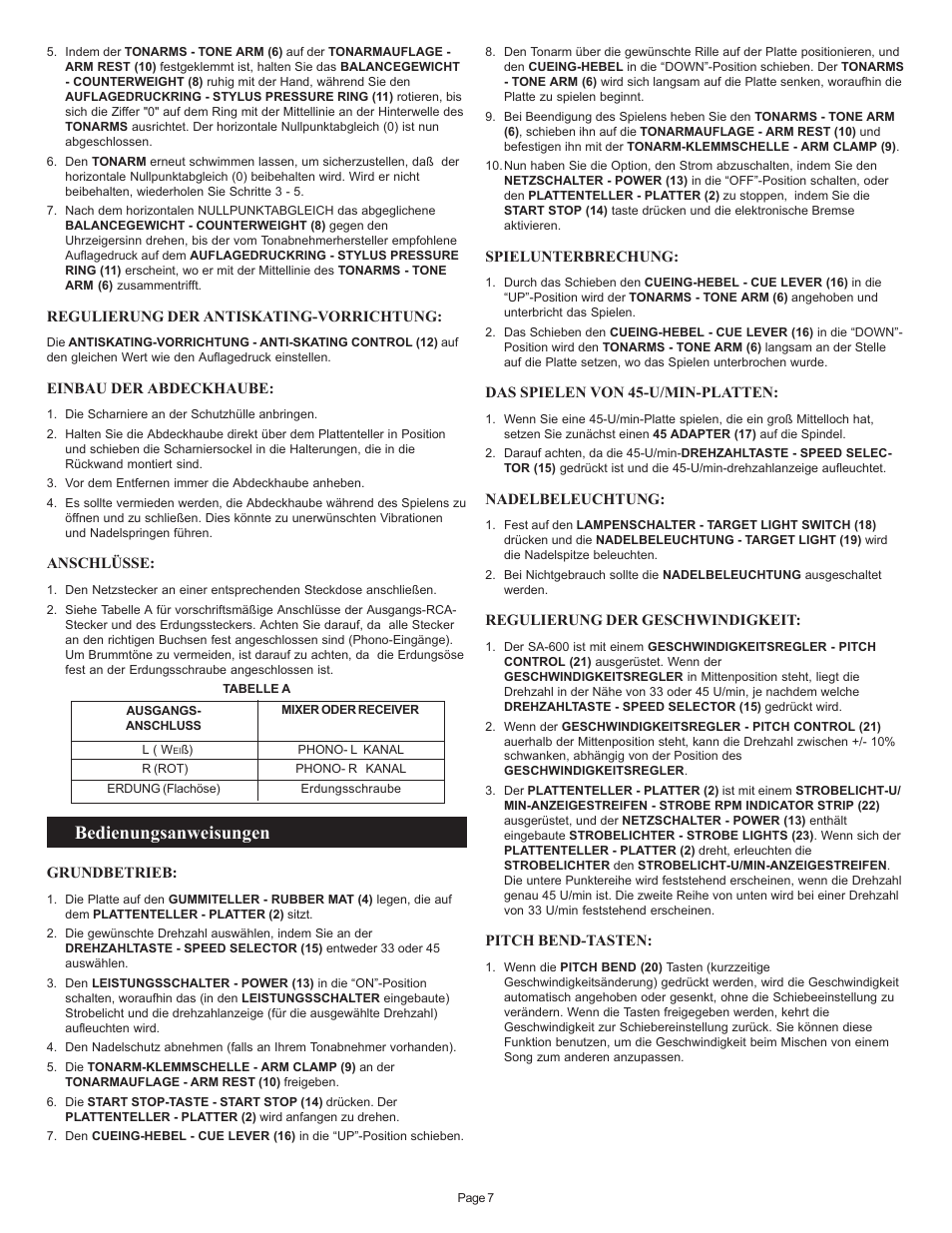 Bedienungsanweisungen | Gemini SA-600 User Manual | Page 7 / 18