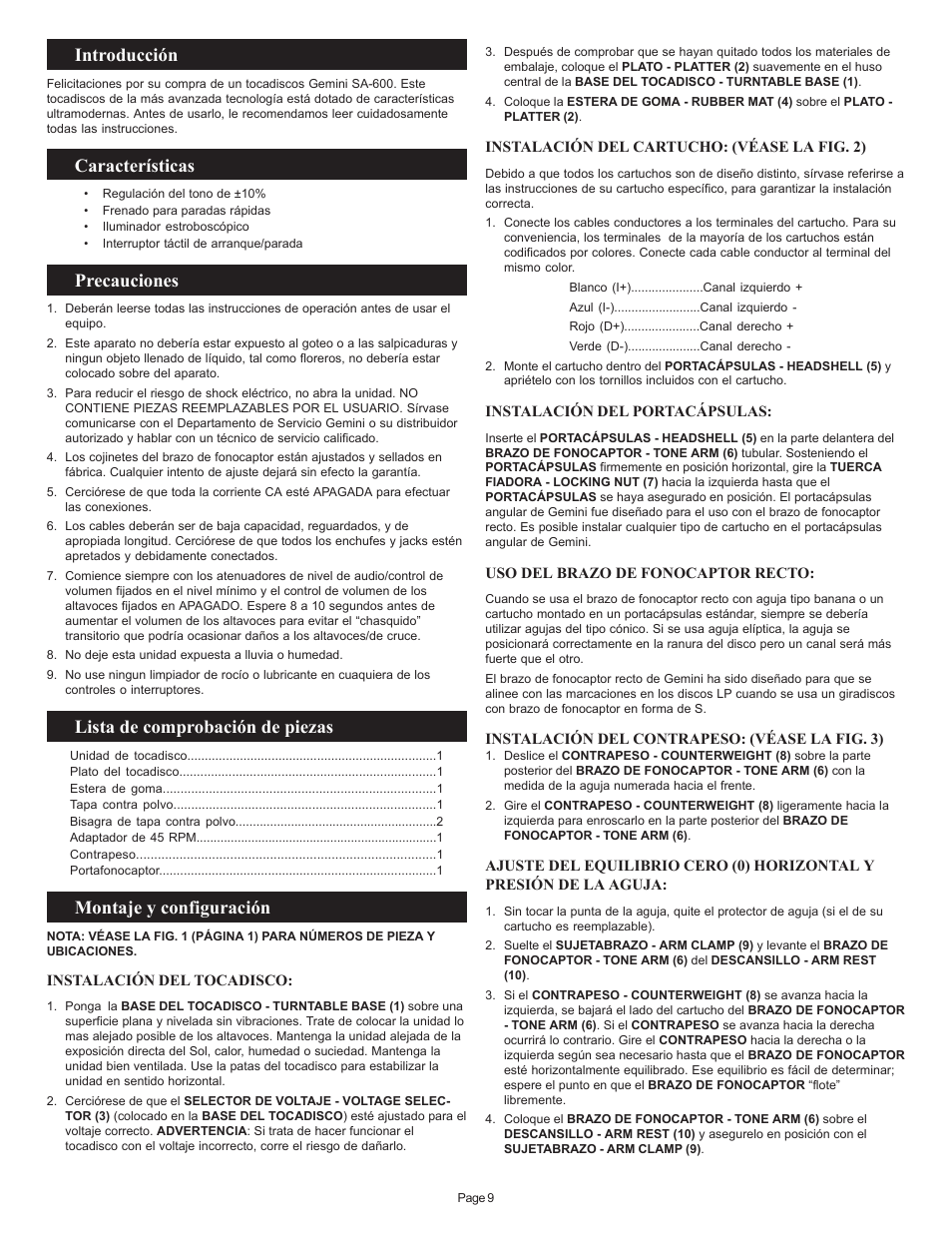 Introducción, Características, Precauciones | Lista de comprobación de piezas, Montaje y configuración | Gemini SA-600 User Manual | Page 9 / 18