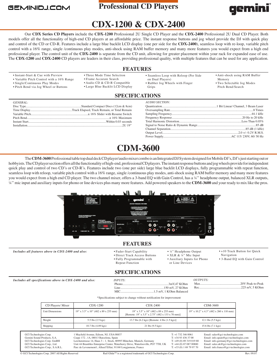 Cdm-3600, Professional cd players, Features specifications | Specifications, Features | Gemini CDX-1200 User Manual | Page 2 / 2