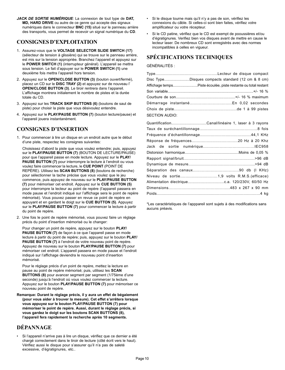 Consignes d’exploitation, Consignes d’insertion, Dépannage | Spécifications techniques | Gemini CD-110 User Manual | Page 10 / 13