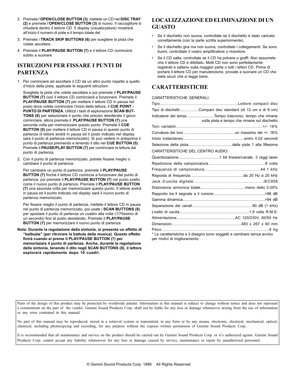 Istruzioni per fissare i punti di partenza, Localizzazione ed eliminazione di un guasto, Caratteristiche | Gemini CD-110 User Manual | Page 12 / 13