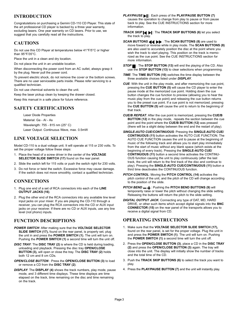 Introduction, Cautions, Safety certifications | Line voltage selection, Connections, Function descriptions, Operating instructions | Gemini CD-110 User Manual | Page 3 / 13