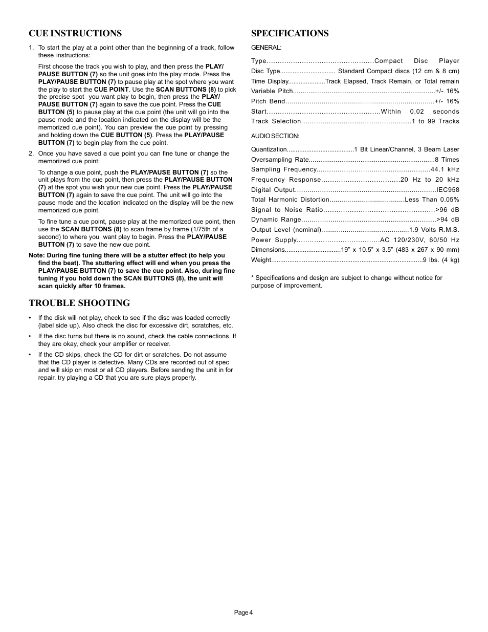 Cue instructions, Trouble shooting, Specifications | Gemini CD-110 User Manual | Page 4 / 13