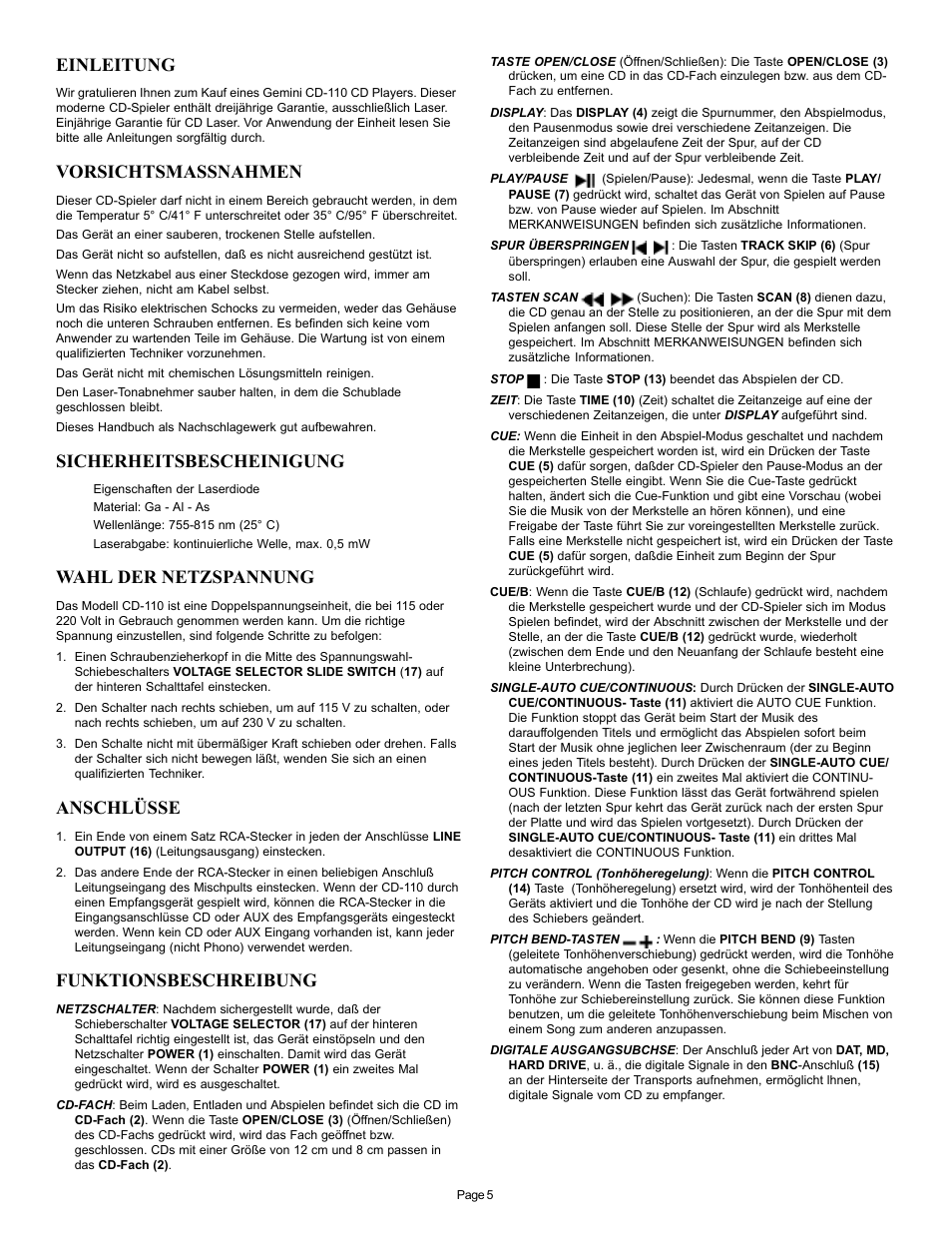 Einleitung, Vorsichtsmassnahmen, Sicherheitsbescheinigung | Wahl der netzspannung, Anschlüsse, Funktionsbeschreibung | Gemini CD-110 User Manual | Page 5 / 13