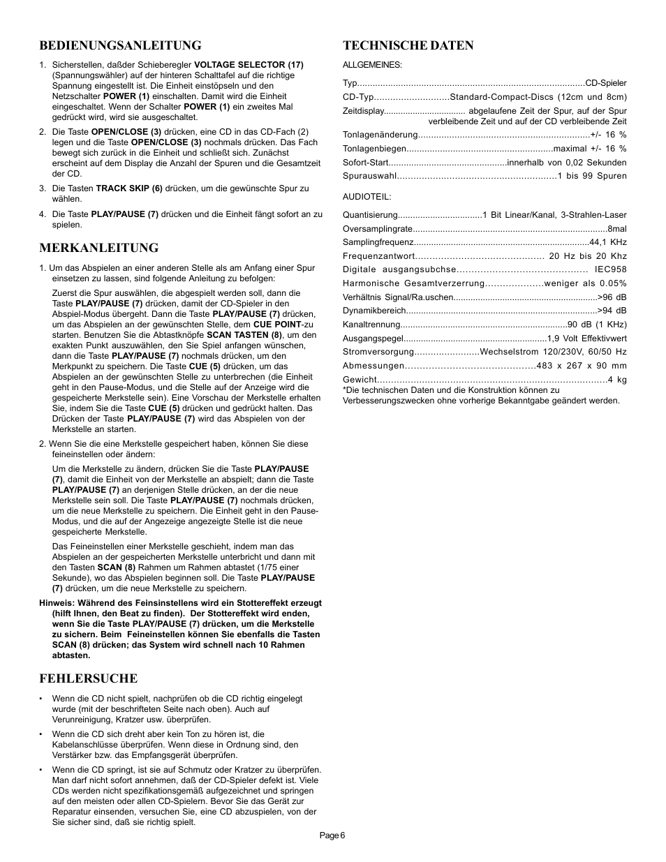 Bedienungsanleitung, Merkanleitung, Fehlersuche | Technische daten | Gemini CD-110 User Manual | Page 6 / 13