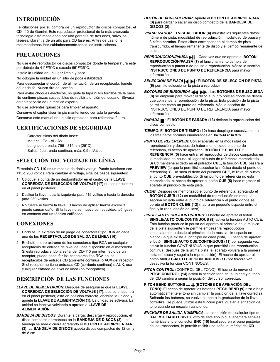 Introducción, Precauciones, Certificaciones de seguridad | Selección del voltaje de línea, Conexiones, Descripción de las funciones | Gemini CD-110 User Manual | Page 7 / 13