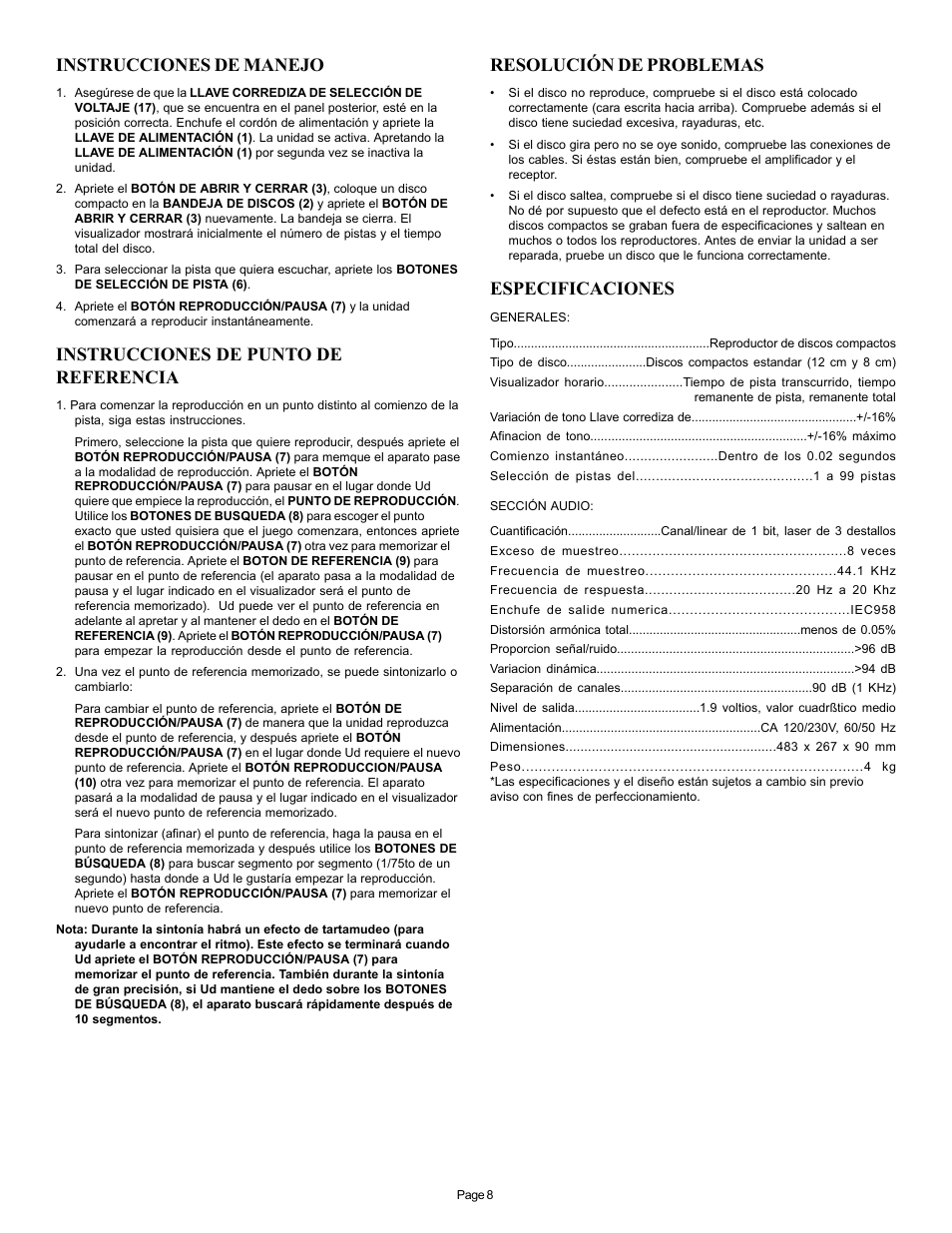 Instrucciones de manejo, Instrucciones de punto de referencia, Resolución de problemas | Especificaciones | Gemini CD-110 User Manual | Page 8 / 13