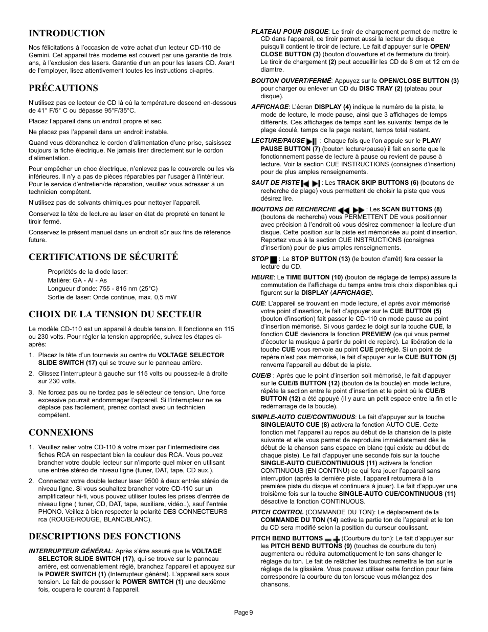 Introduction, Précautions, Certifications de sécurité | Choix de la tension du secteur, Connexions, Descriptions des fonctions | Gemini CD-110 User Manual | Page 9 / 13