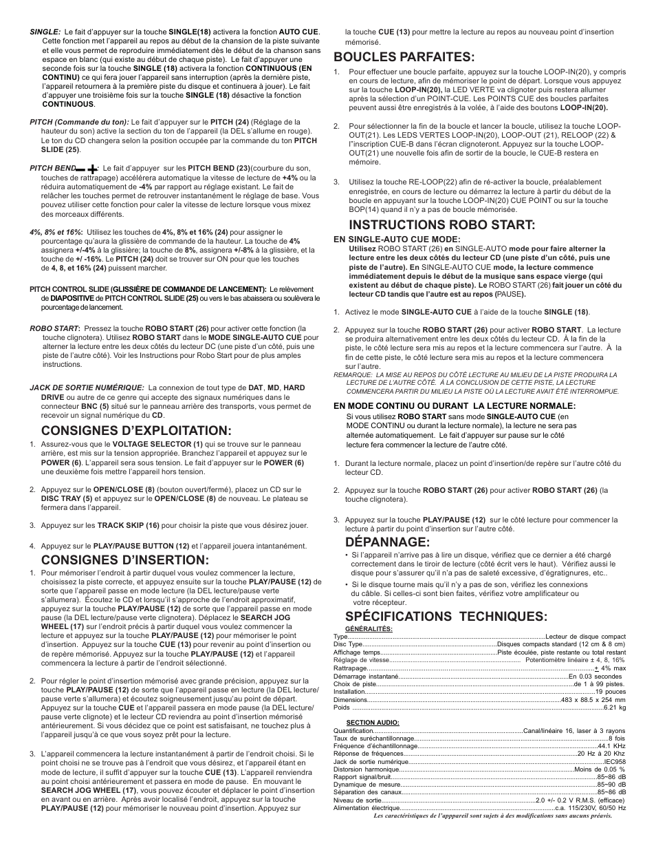 Consignes d’exploitation, Consignes d’insertion, Boucles parfaites | Instructions robo start, Dépannage, Spécifications techniques | Gemini CDX-O4 User Manual | Page 12 / 16