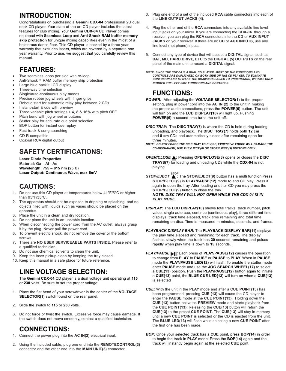Introduction, Features, Safety certifications | Cautions, Line voltage selection, Connections, Functions | Gemini CDX-O4 User Manual | Page 4 / 16