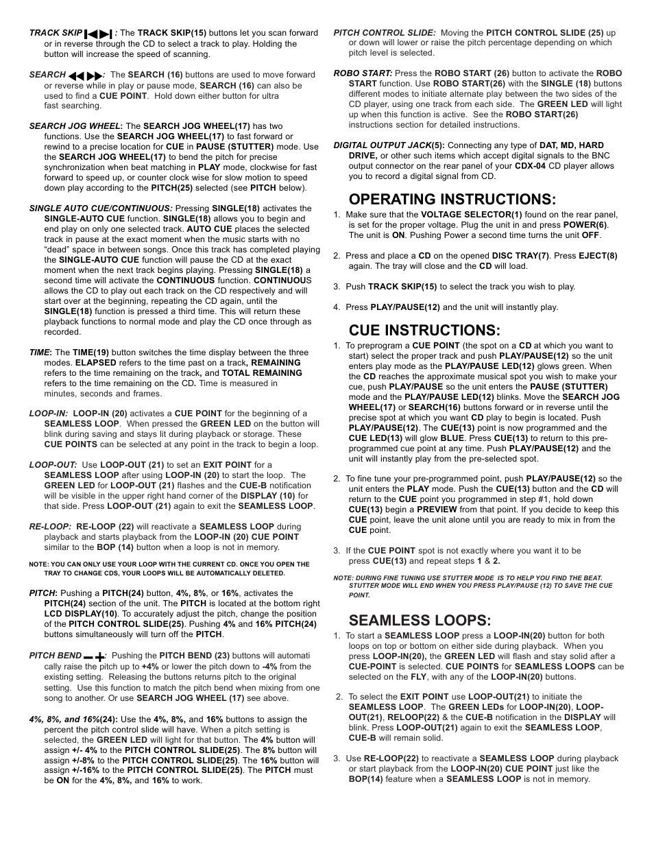 Operating instructions, Cue instructions, Seamless loops | Gemini CDX-O4 User Manual | Page 5 / 16