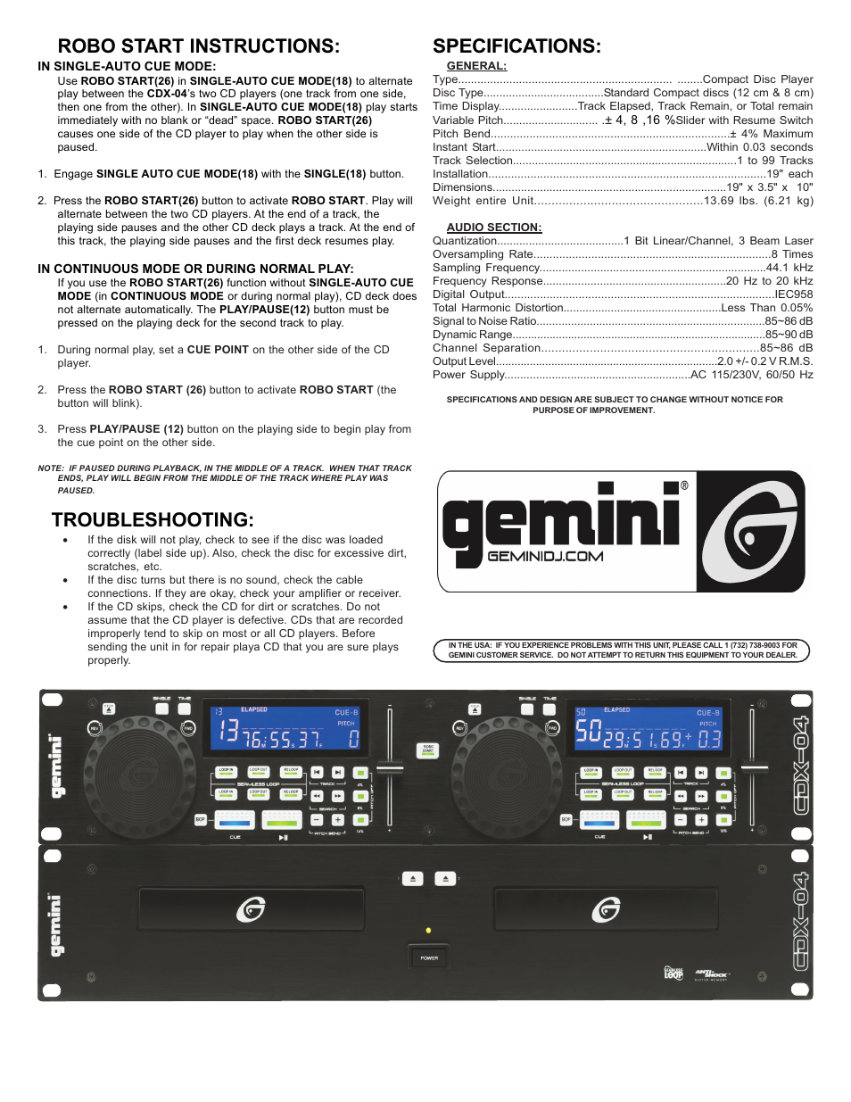 Robo start instructions, Troubleshooting, Specifications | Gemini CDX-O4 User Manual | Page 6 / 16