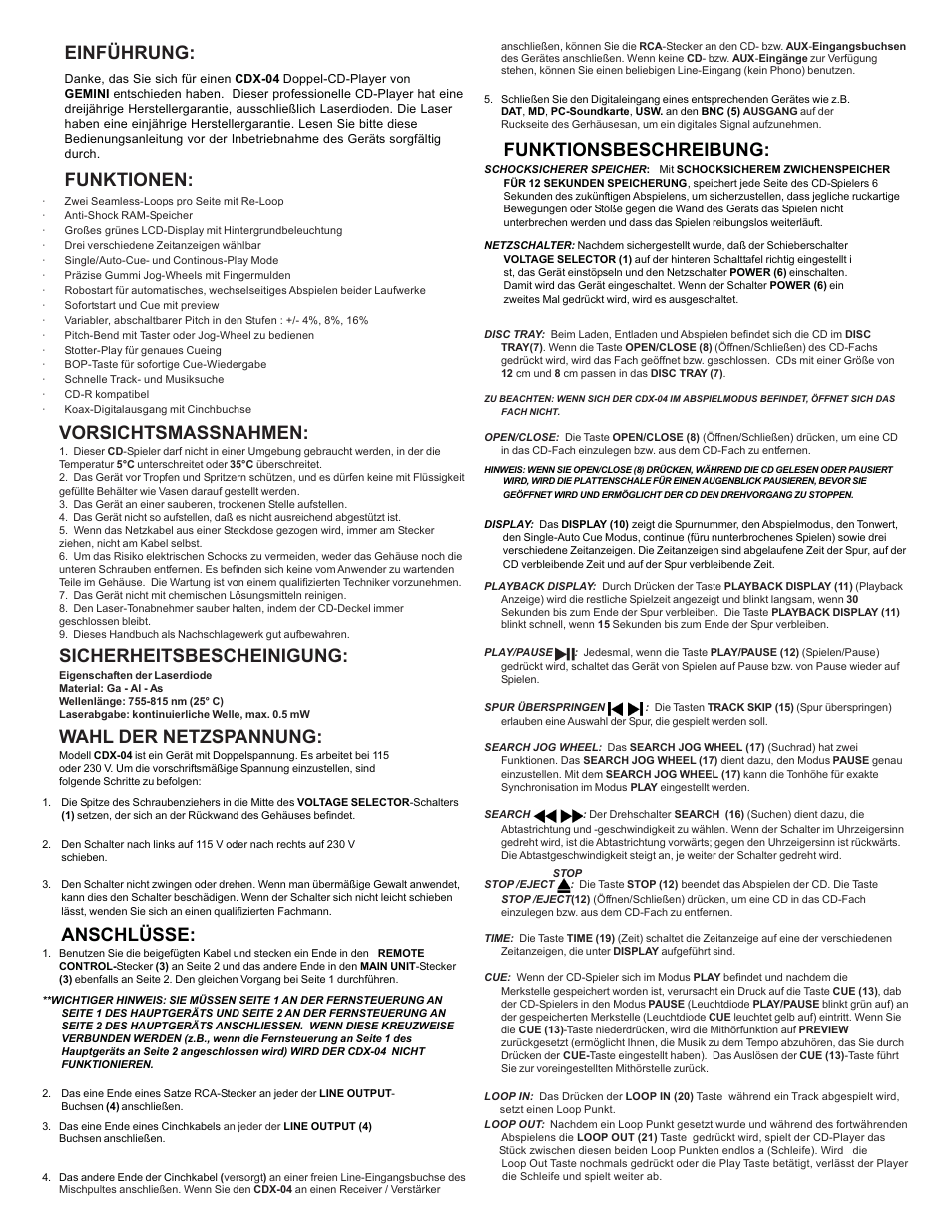 Einführung, Funktionen, Vorsichtsmassnahmen | Sicherheitsbescheinigung, Wahl der netzspannung, Anschlüsse, Funktionsbeschreibung | Gemini CDX-O4 User Manual | Page 7 / 16