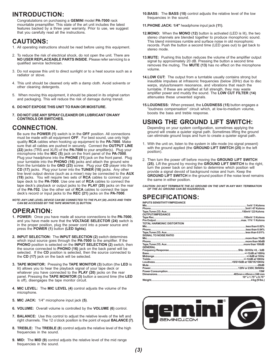 Introduction, Cautions, Connection | Operation, Using the ground lift switch, Specifications | Gemini PA-7000 User Manual | Page 3 / 8