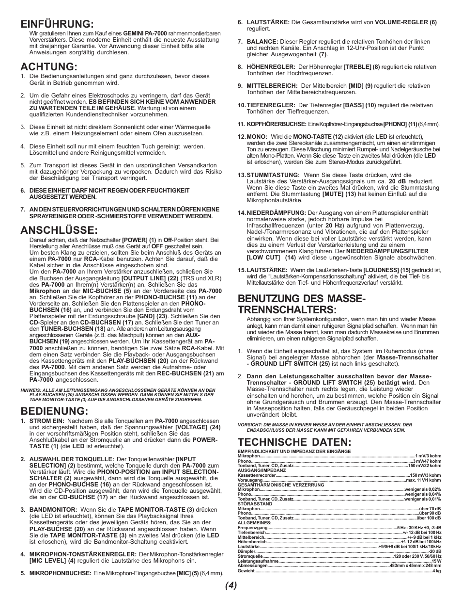 Benutzung des masse- trennschalters, Technische daten, Einführung | Achtung, Anschlüsse, Bedienung | Gemini PA-7000 User Manual | Page 4 / 8