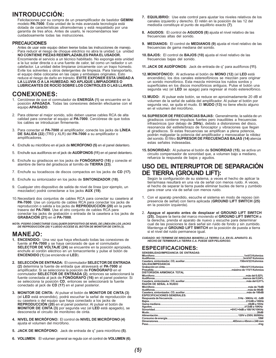 Introducción, Conexiones, Manejo | Especificaciones | Gemini PA-7000 User Manual | Page 5 / 8