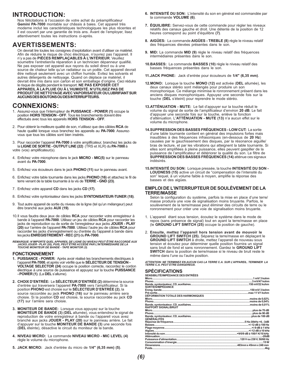 Introduction, Avertissements, Connexions | Gemini PA-7000 User Manual | Page 6 / 8