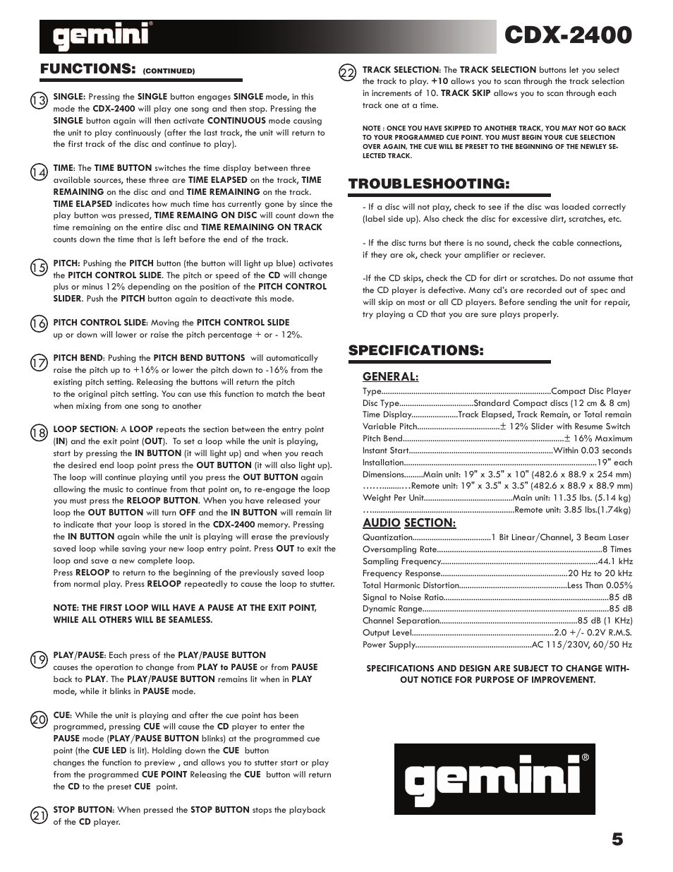 Cdx-2400, Functions, Troubleshooting | Specifications | Gemini CDX 2400 User Manual | Page 4 / 4