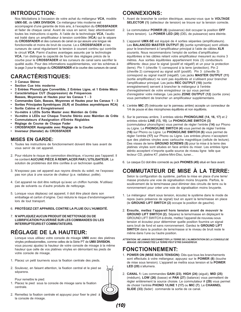 Introduction, Caractéristiques, Réglage de la hauteur | Connexions, Commutateur de mise à la terre, Fonctionnement, Mises en garde | Gemini UMX-SE User Manual | Page 10 / 12